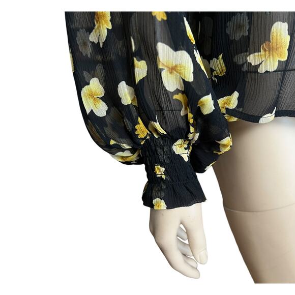 The Kooples Funnel Neck 100% Silk Sheer Smocked Floral Blouse Size Small - Picture 11 of 16